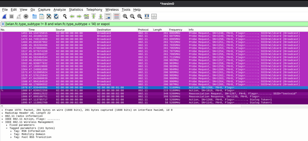 Simulated 802.11r client scan and roam. Contents of the 802.11r BSS Fast Transition Action frame shown.