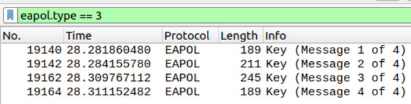 Image of Wireshark capture showing a four-way handshake